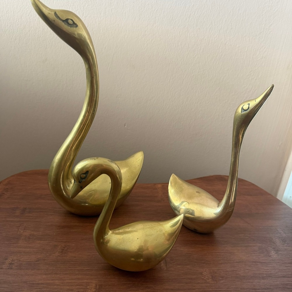 Vintage Solid Brass Swan Bird Set of 3 (10",8",5") Hollywood Regency Decor